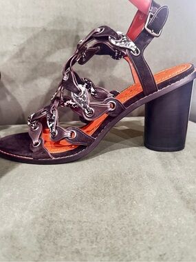 New Coach MH Sandal CLL MXM Black White Gunmetal Leather Block Heel Sandals 9